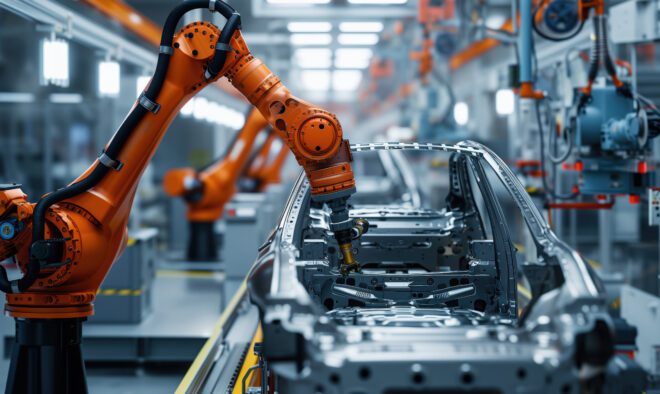 On modern automobile production high tech assembly line, robots assemble cars at auto industry factory