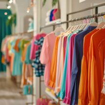 clothing racks in a fashionable boutique store with colorful apparel retail background