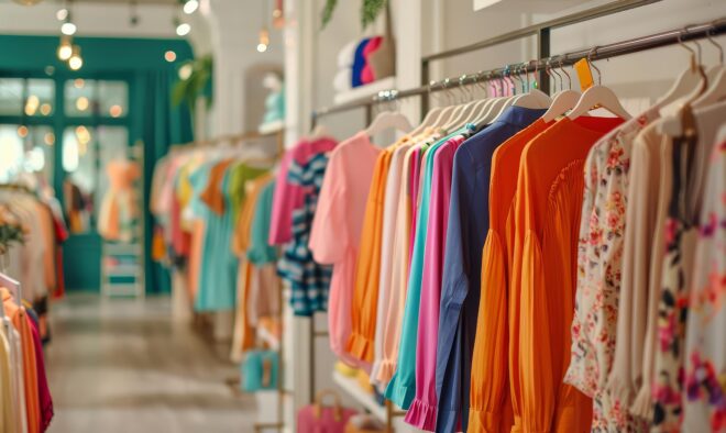 clothing racks in a fashionable boutique store with colorful apparel retail background