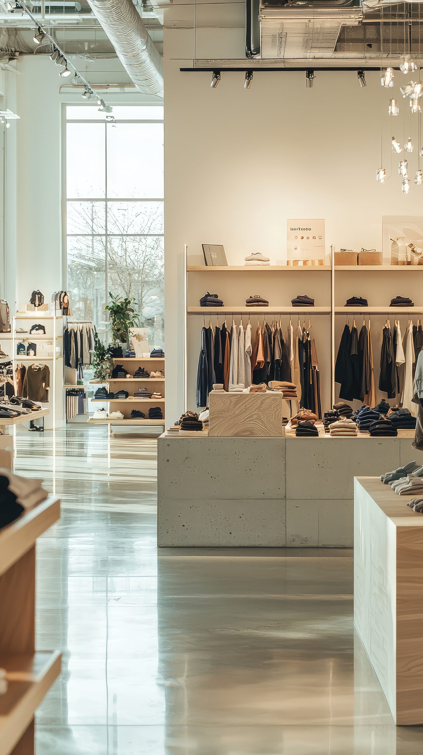 A modern retail store interior showcasing clothing on racks and shelves with a bright, welcoming atmosphere.