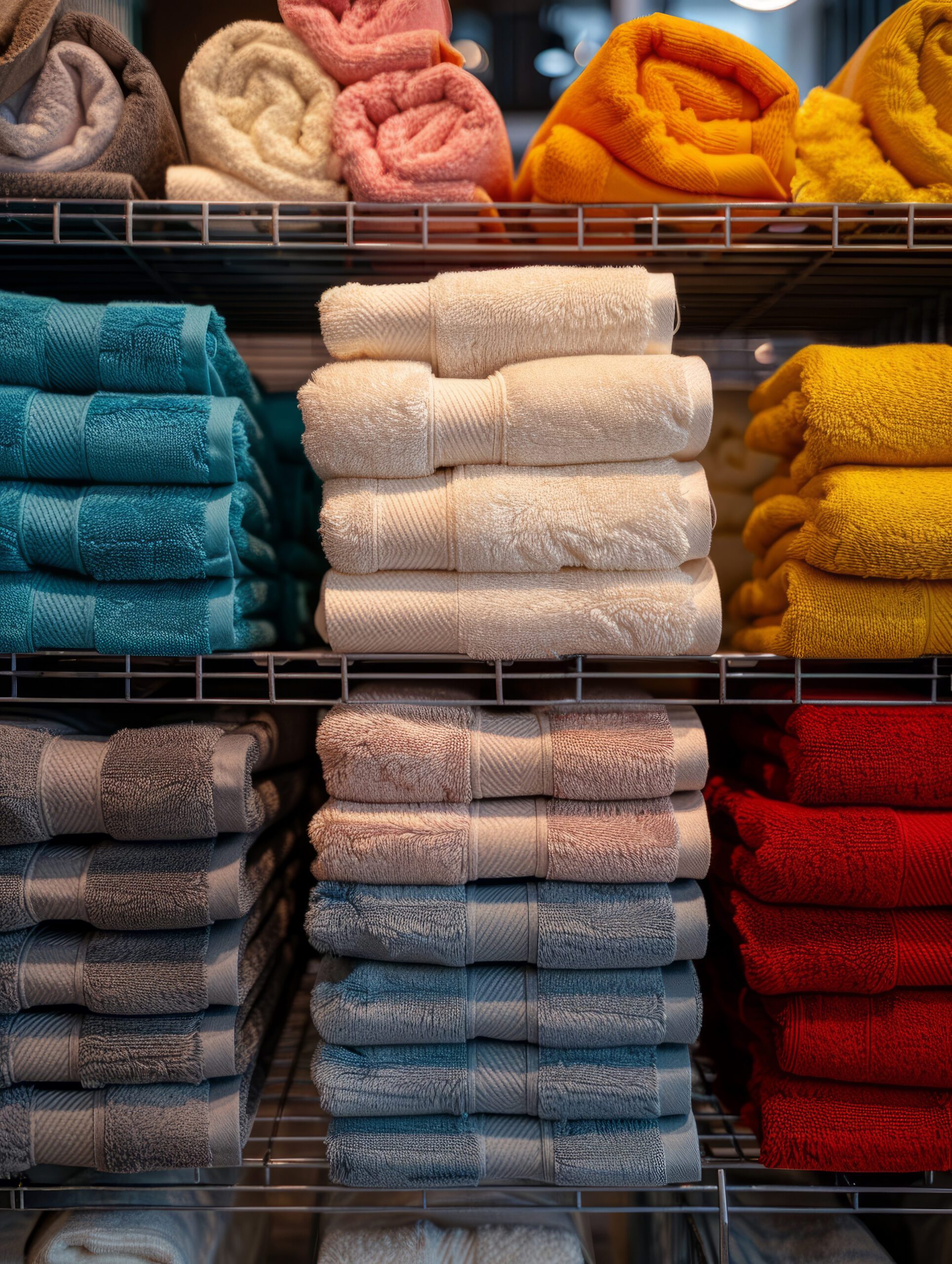 Stacks of colorful towels neatly arranged on a retail shelf