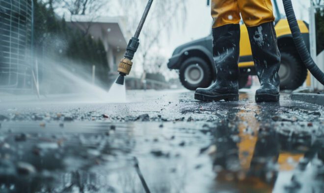 Close up of worker cleaning driveway with gasoline high pressure washer. High pressure deep cleaning. Professional cleaning services.