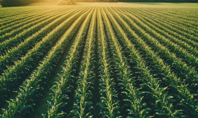 Aerial view of a green cornfield with rows of tall stalks, agricultural landscape and sustainable farming
