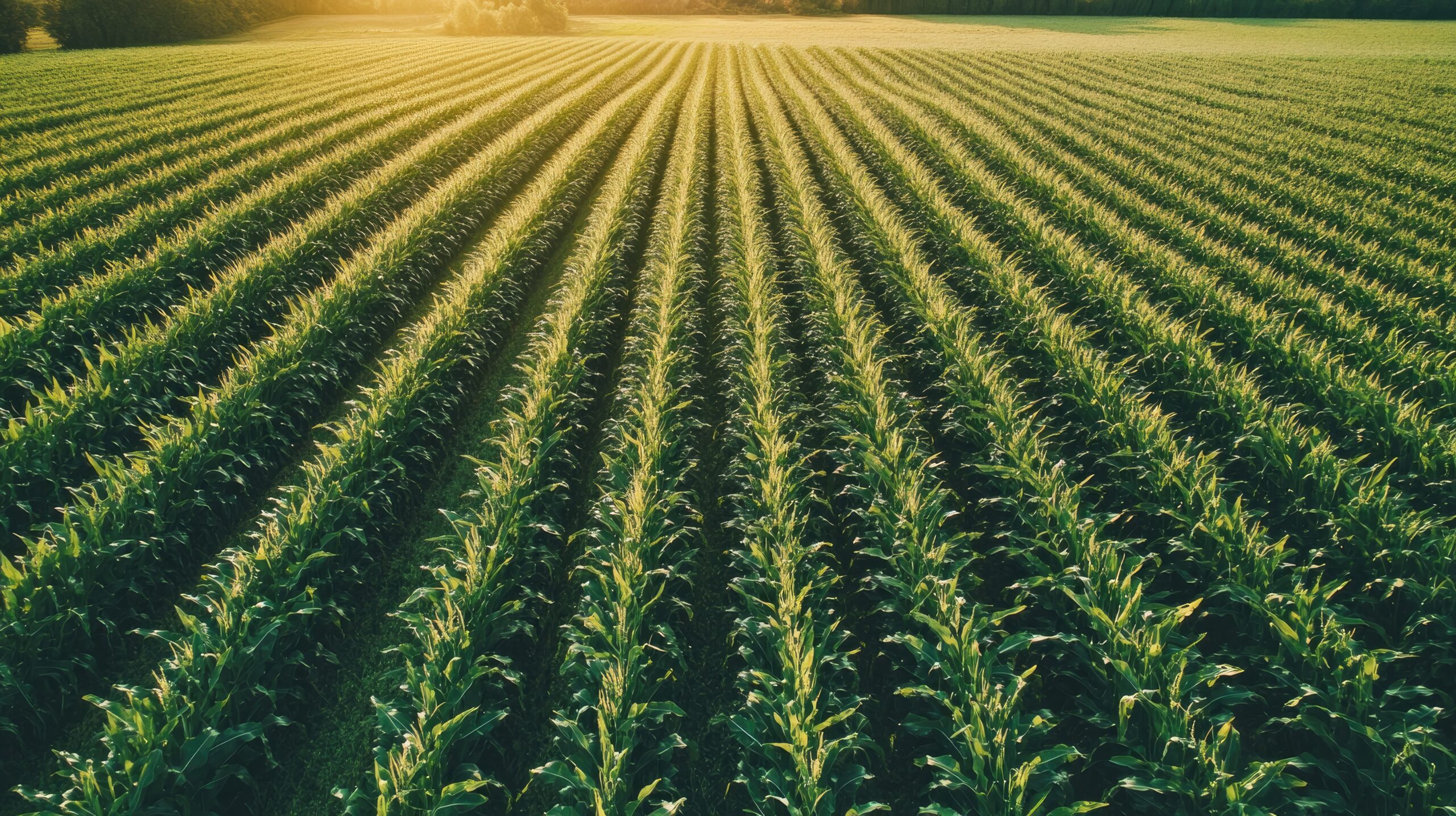 Aerial view of a green cornfield with rows of tall stalks, agricultural landscape and sustainable farming