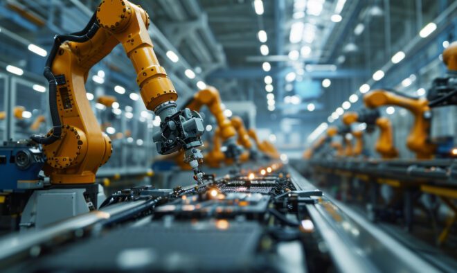 Modern hi tech facility with automated line and AI controlled robotic hands for hi precision assembling of complex mechanisms. Industrial automation and conveyor systems in smart factory.