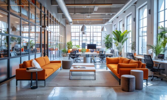 A sleek startup office with an open concept design and creative breakout areas.