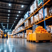 Bright Warehouse Interior with Shelves of Stored Goods, Fresh Oranges on Pallets, and Forklift in Well Lit Distribution Center Environment