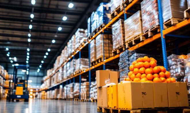 Bright Warehouse Interior with Shelves of Stored Goods, Fresh Oranges on Pallets, and Forklift in Well Lit Distribution Center Environment