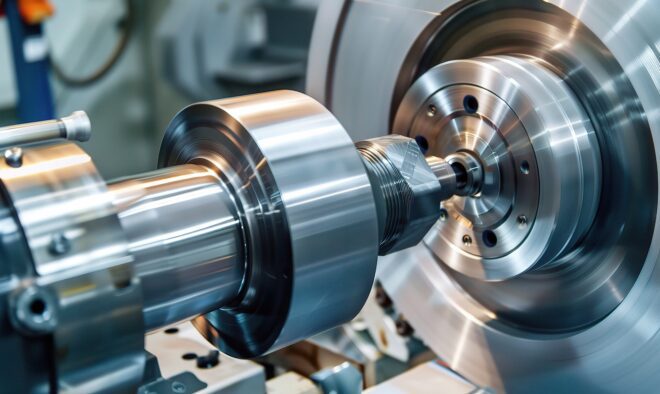 Close up of workpiece turning operation on a lathe, showcasing a metal workpiece being precision cut by a carbide tool with chips flying and coolant spraying. The spindle rotates steadily as the toolh