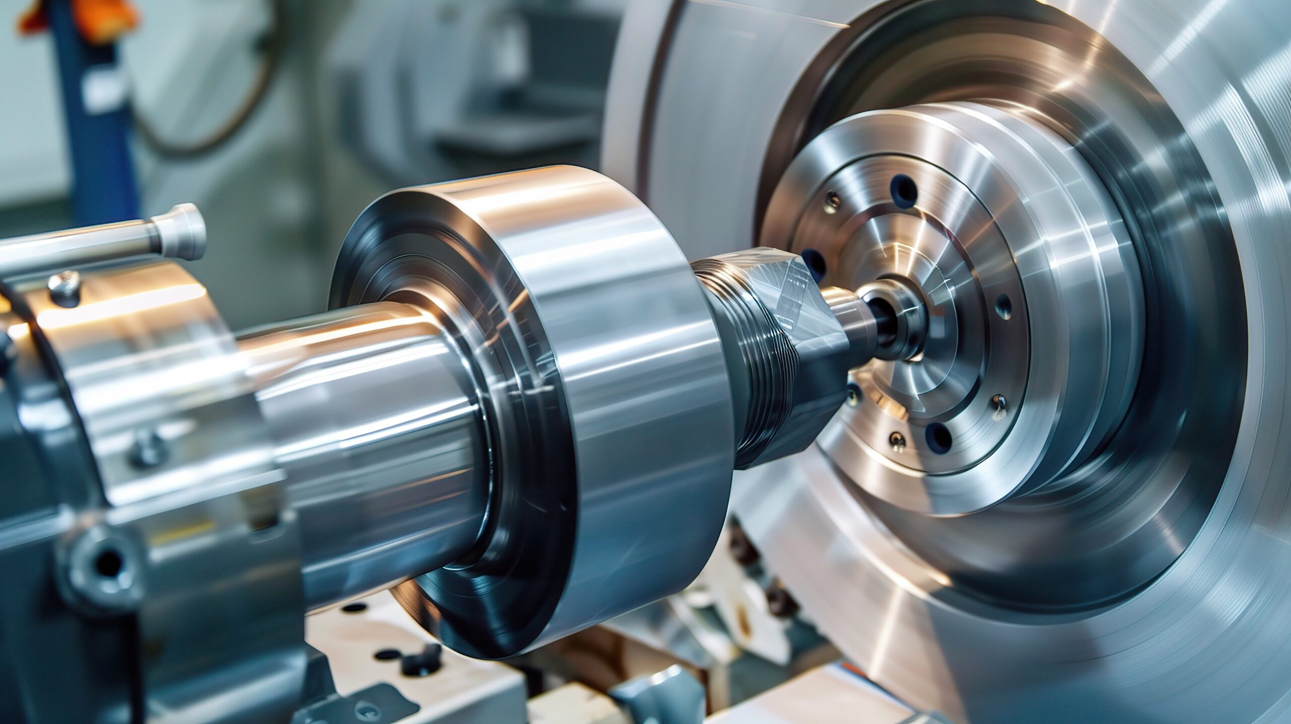 Close up of workpiece turning operation on a lathe, showcasing a metal workpiece being precision cut by a carbide tool with chips flying and coolant spraying. The spindle rotates steadily as the toolh