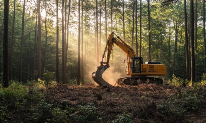 A yellow excavator working in a forest clearing with sunlight shining through the trees.